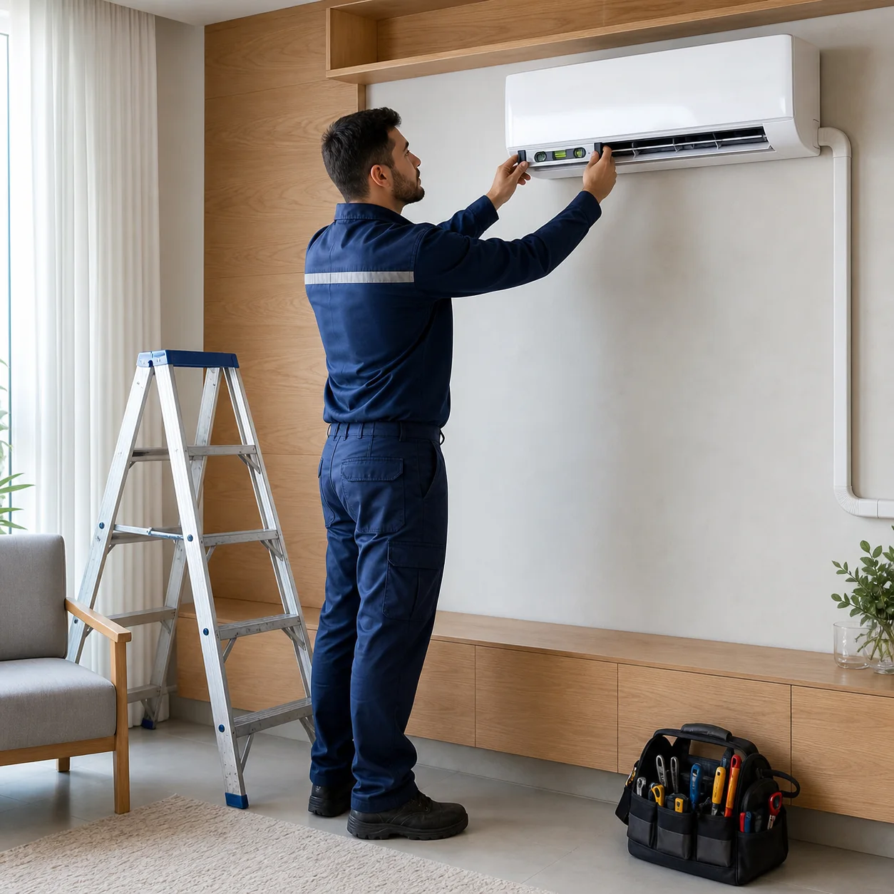 Técnico Jet Cold conferindo o nivelamento de um ar-condicionado split